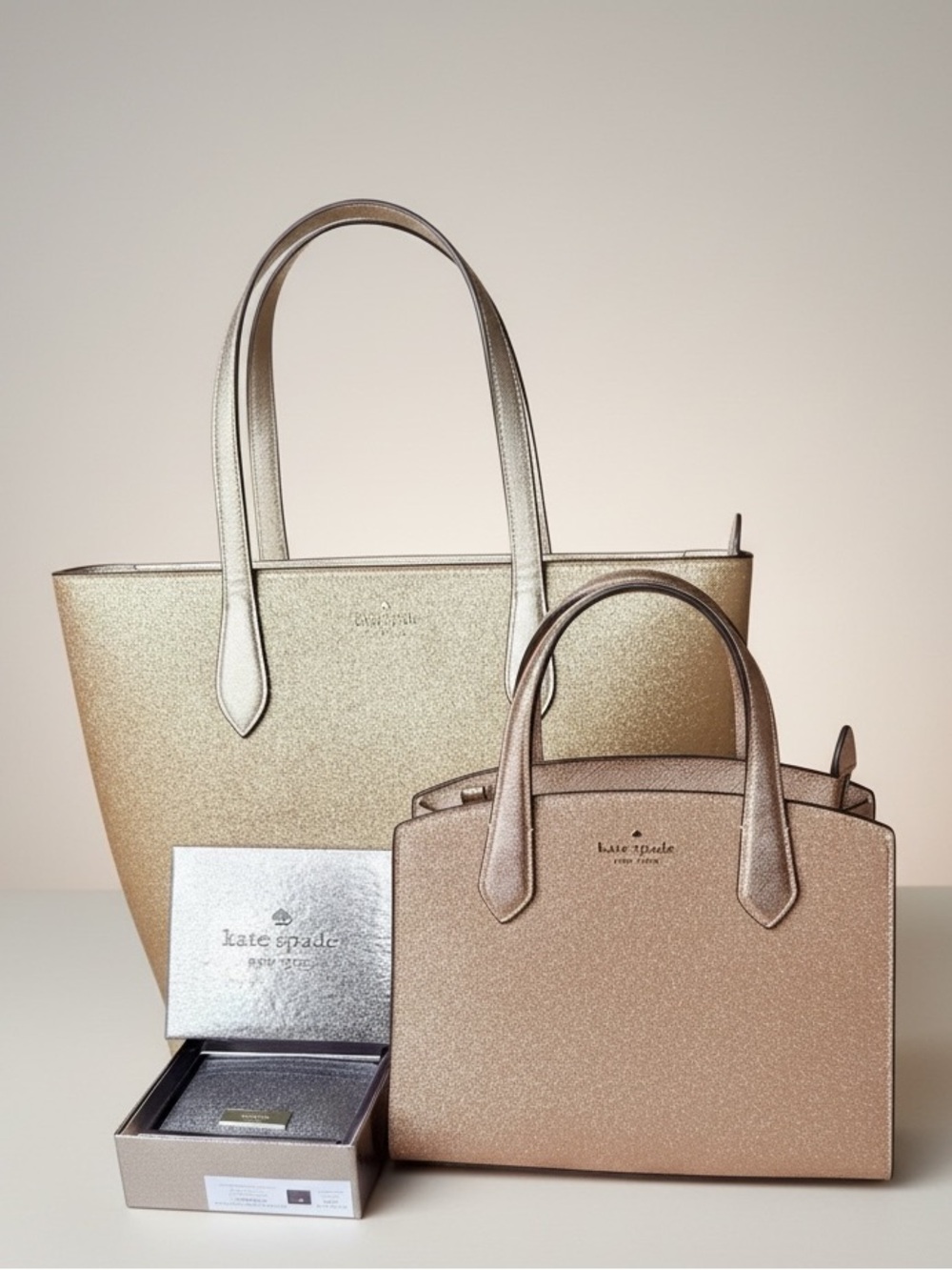 Kate Spade Glitter Gold Tote, Rose Gold Satchel and Pewter cardholder set! 3fer!